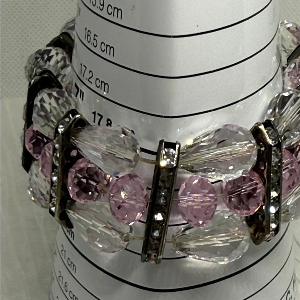 Beautiful Pink and Clear Crystal Stretch Bracelet rhinestone gun metal spacers